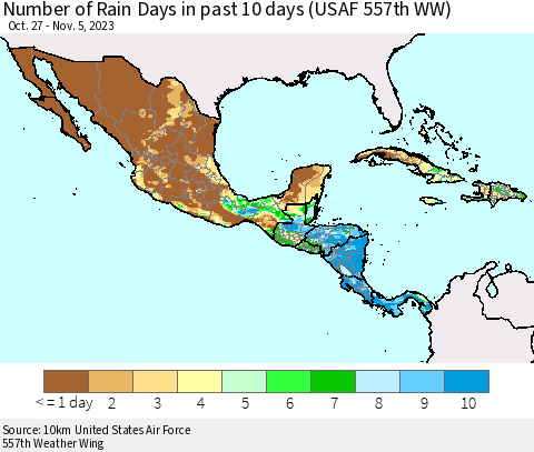 Mexico Central America and the Caribbean Number of Rain Days in past 10 days (USAF 557th WW) Thematic Map For 11/1/2023 - 11/5/2023