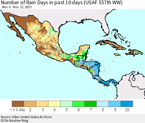 Mexico Central America and the Caribbean Number of Rain Days in past 10 days (USAF 557th WW) Thematic Map For 11/11/2023 - 11/15/2023