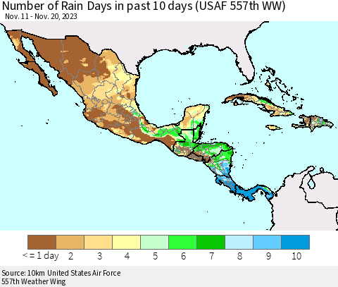 Mexico Central America and the Caribbean Number of Rain Days in past 10 days (USAF 557th WW) Thematic Map For 11/16/2023 - 11/20/2023