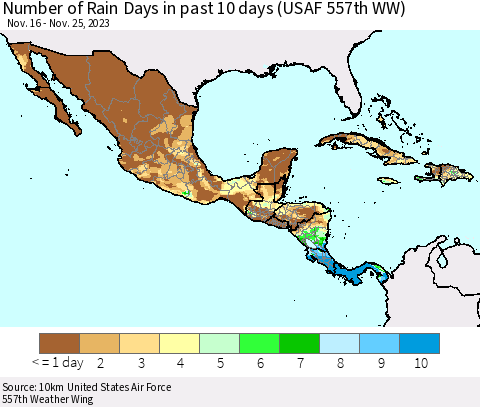 Mexico Central America and the Caribbean Number of Rain Days in past 10 days (USAF 557th WW) Thematic Map For 11/21/2023 - 11/25/2023