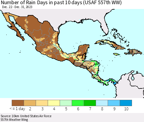 Mexico Central America and the Caribbean Number of Rain Days in past 10 days (USAF 557th WW) Thematic Map For 12/26/2023 - 12/31/2023