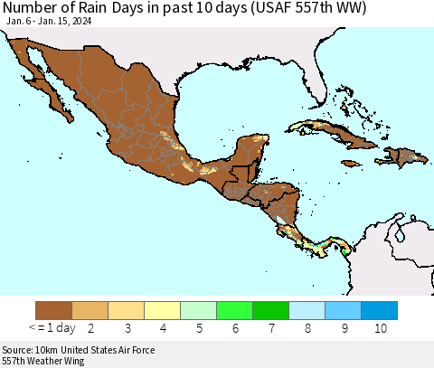 Mexico Central America and the Caribbean Number of Rain Days in past 10 days (USAF 557th WW) Thematic Map For 1/11/2024 - 1/15/2024