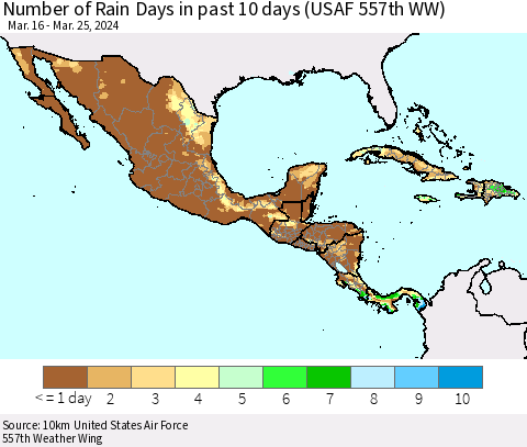 Mexico Central America and the Caribbean Number of Rain Days in past 10 days (USAF 557th WW) Thematic Map For 3/21/2024 - 3/25/2024