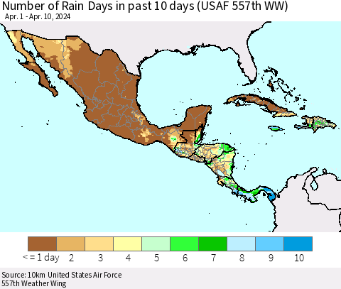 Mexico Central America and the Caribbean Number of Rain Days in past 10 days (USAF 557th WW) Thematic Map For 4/6/2024 - 4/10/2024