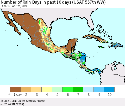 Mexico Central America and the Caribbean Number of Rain Days in past 10 days (USAF 557th WW) Thematic Map For 4/21/2024 - 4/25/2024