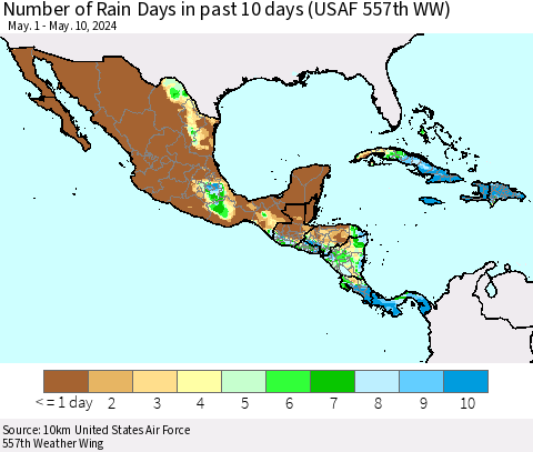 Mexico Central America and the Caribbean Number of Rain Days in past 10 days (USAF 557th WW) Thematic Map For 5/6/2024 - 5/10/2024