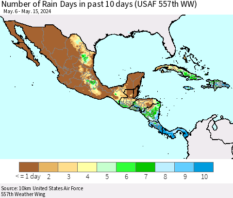Mexico Central America and the Caribbean Number of Rain Days in past 10 days (USAF 557th WW) Thematic Map For 5/11/2024 - 5/15/2024
