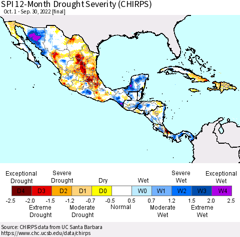 Mexico Central America and the Caribbean SPI 12-Month Drought Severity (CHIRPS) Thematic Map For 10/1/2021 - 9/30/2022