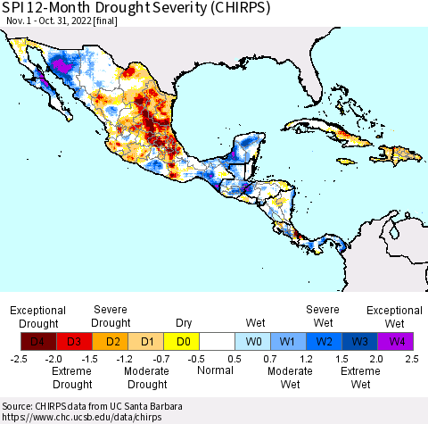 Mexico Central America and the Caribbean SPI 12-Month Drought Severity (CHIRPS) Thematic Map For 11/1/2021 - 10/31/2022