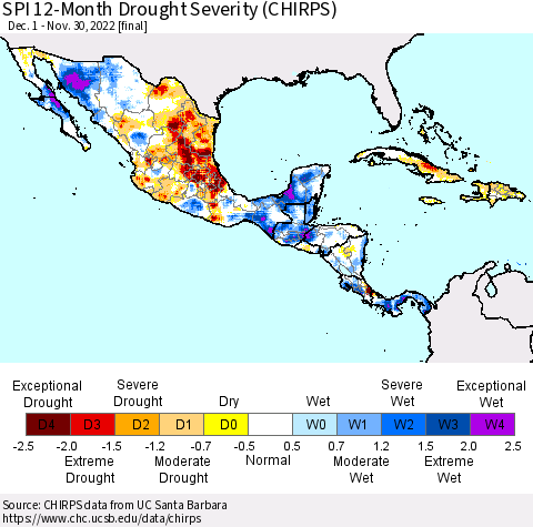 Mexico Central America and the Caribbean SPI 12-Month Drought Severity (CHIRPS) Thematic Map For 12/1/2021 - 11/30/2022