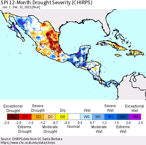 Mexico Central America and the Caribbean SPI 12-Month Drought Severity (CHIRPS) Thematic Map For 1/1/2022 - 12/31/2022