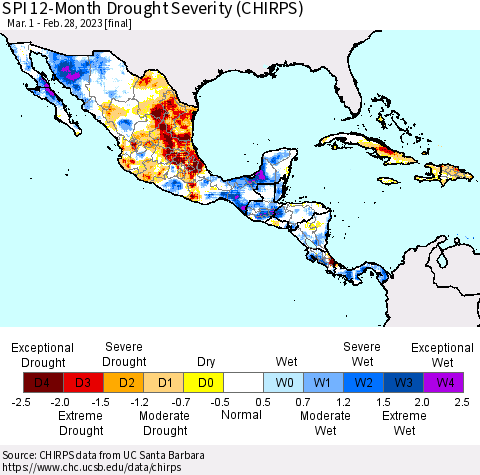Mexico Central America and the Caribbean SPI 12-Month Drought Severity (CHIRPS) Thematic Map For 3/1/2022 - 2/28/2023