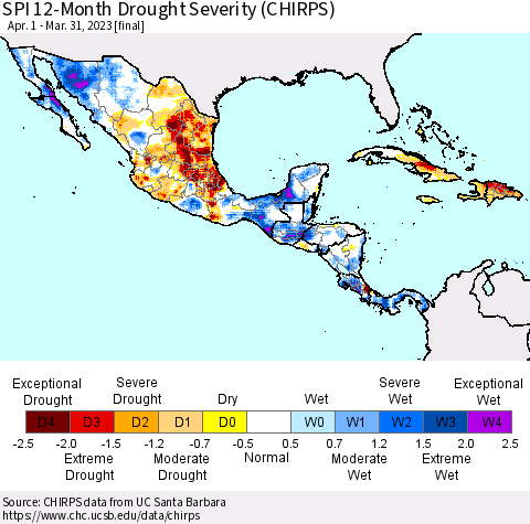 Mexico Central America and the Caribbean SPI 12-Month Drought Severity (CHIRPS) Thematic Map For 4/1/2022 - 3/31/2023