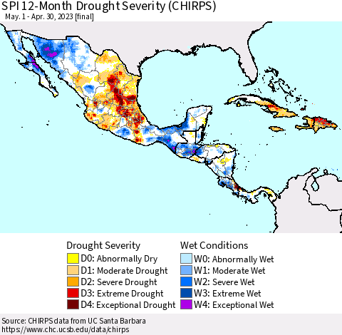 Mexico Central America and the Caribbean SPI 12-Month Drought Severity (CHIRPS) Thematic Map For 5/1/2022 - 4/30/2023