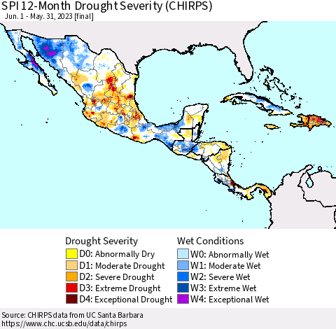 Mexico Central America and the Caribbean SPI 12-Month Drought Severity (CHIRPS) Thematic Map For 6/1/2022 - 5/31/2023