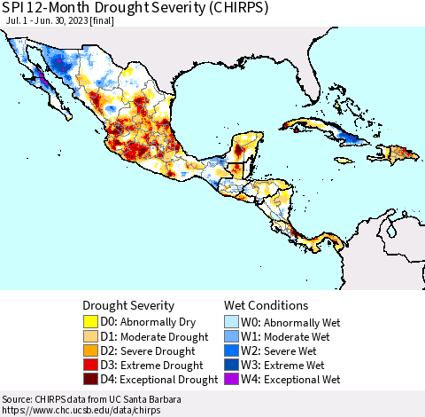 Mexico Central America and the Caribbean SPI 12-Month Drought Severity (CHIRPS) Thematic Map For 7/1/2022 - 6/30/2023