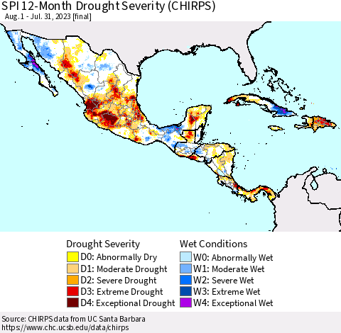 Mexico Central America and the Caribbean SPI 12-Month Drought Severity (CHIRPS) Thematic Map For 8/1/2022 - 7/31/2023