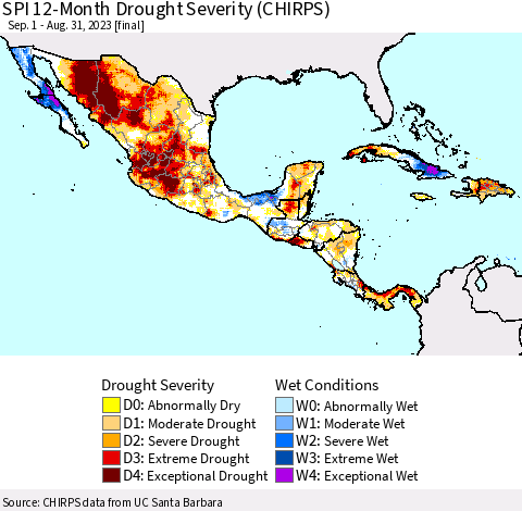 Mexico Central America and the Caribbean SPI 12-Month Drought Severity (CHIRPS) Thematic Map For 9/1/2022 - 8/31/2023