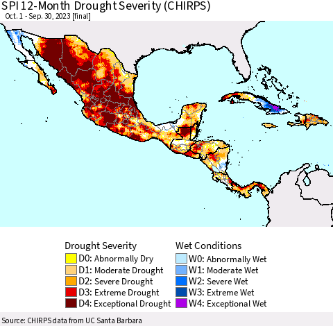 Mexico Central America and the Caribbean SPI 12-Month Drought Severity (CHIRPS) Thematic Map For 10/1/2022 - 9/30/2023