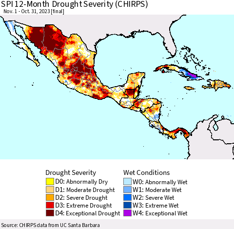 Mexico Central America and the Caribbean SPI 12-Month Drought Severity (CHIRPS) Thematic Map For 11/1/2022 - 10/31/2023