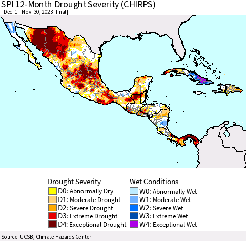Mexico Central America and the Caribbean SPI 12-Month Drought Severity (CHIRPS) Thematic Map For 12/1/2022 - 11/30/2023