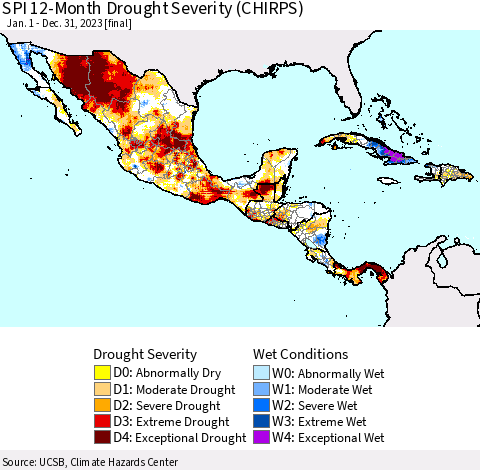 Mexico Central America and the Caribbean SPI 12-Month Drought Severity (CHIRPS) Thematic Map For 1/1/2023 - 12/31/2023