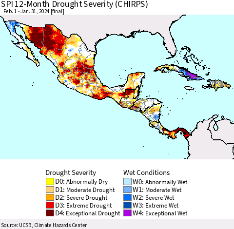 Mexico Central America and the Caribbean SPI 12-Month Drought Severity (CHIRPS) Thematic Map For 2/1/2023 - 1/31/2024