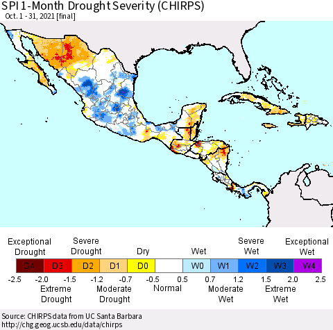 Mexico Central America and the Caribbean SPI 1-Month Drought Severity (CHIRPS) Thematic Map For 10/1/2021 - 10/31/2021