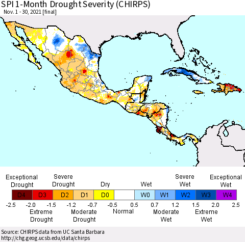 Mexico Central America and the Caribbean SPI 1-Month Drought Severity (CHIRPS) Thematic Map For 11/1/2021 - 11/30/2021
