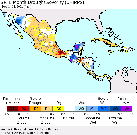 Mexico Central America and the Caribbean SPI 1-Month Drought Severity (CHIRPS) Thematic Map For 12/1/2021 - 12/31/2021