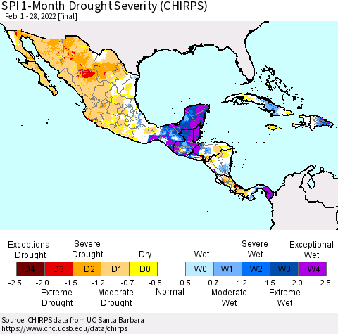 Mexico Central America and the Caribbean SPI 1-Month Drought Severity (CHIRPS) Thematic Map For 2/1/2022 - 2/28/2022