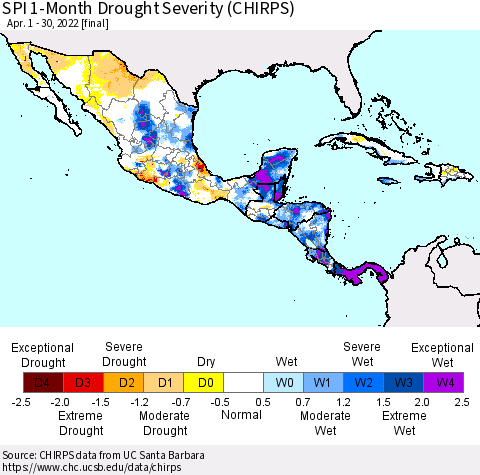 Mexico Central America and the Caribbean SPI 1-Month Drought Severity (CHIRPS) Thematic Map For 4/1/2022 - 4/30/2022