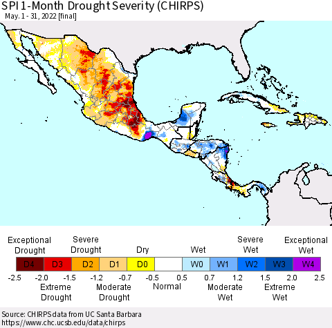 Mexico Central America and the Caribbean SPI 1-Month Drought Severity (CHIRPS) Thematic Map For 5/1/2022 - 5/31/2022