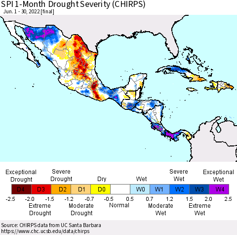 Mexico Central America and the Caribbean SPI 1-Month Drought Severity (CHIRPS) Thematic Map For 6/1/2022 - 6/30/2022
