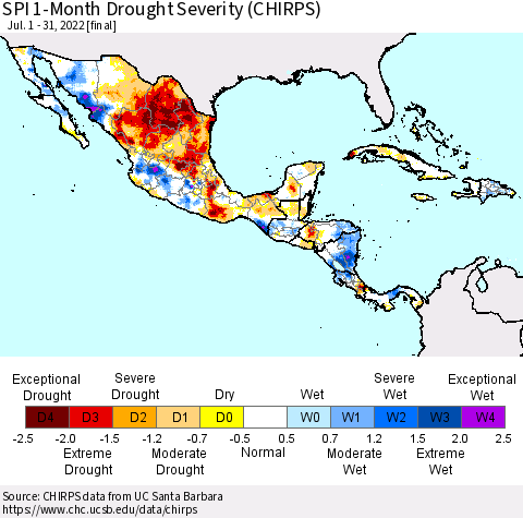 Mexico Central America and the Caribbean SPI 1-Month Drought Severity (CHIRPS) Thematic Map For 7/1/2022 - 7/31/2022