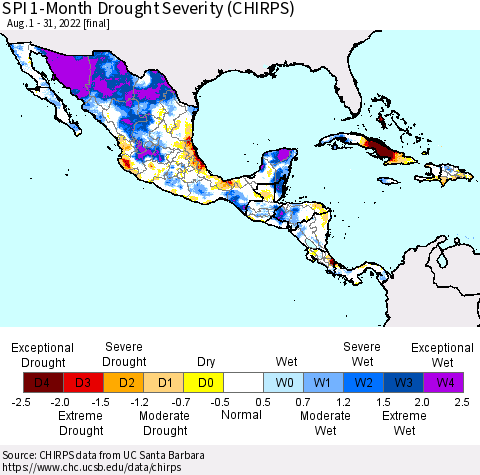 Mexico Central America and the Caribbean SPI 1-Month Drought Severity (CHIRPS) Thematic Map For 8/1/2022 - 8/31/2022