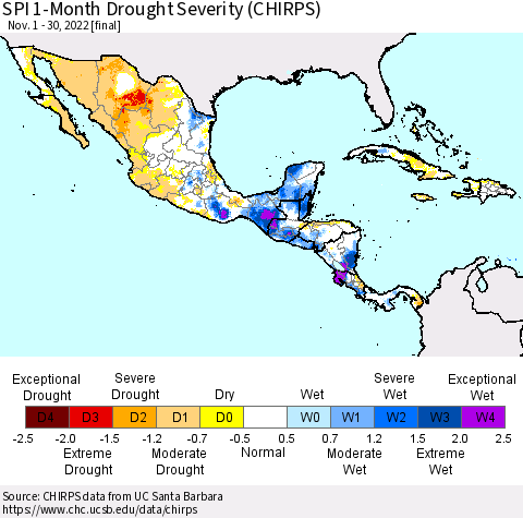 Mexico Central America and the Caribbean SPI 1-Month Drought Severity (CHIRPS) Thematic Map For 11/1/2022 - 11/30/2022