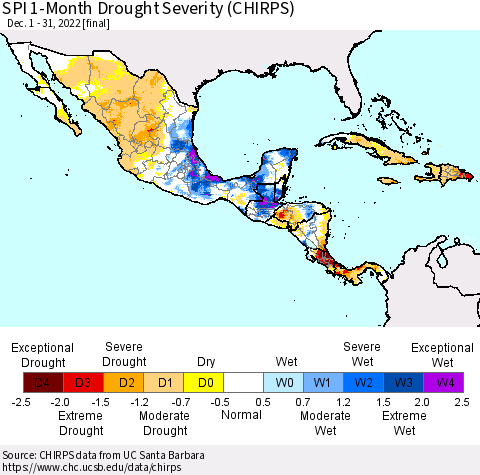 Mexico Central America and the Caribbean SPI 1-Month Drought Severity (CHIRPS) Thematic Map For 12/1/2022 - 12/31/2022