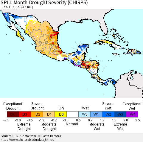 Mexico Central America and the Caribbean SPI 1-Month Drought Severity (CHIRPS) Thematic Map For 1/1/2023 - 1/31/2023