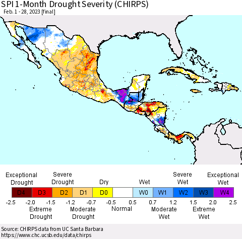 Mexico Central America and the Caribbean SPI 1-Month Drought Severity (CHIRPS) Thematic Map For 2/1/2023 - 2/28/2023