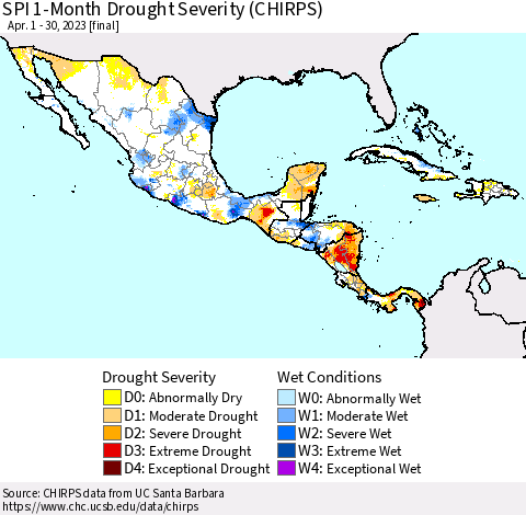 Mexico Central America and the Caribbean SPI 1-Month Drought Severity (CHIRPS) Thematic Map For 4/1/2023 - 4/30/2023
