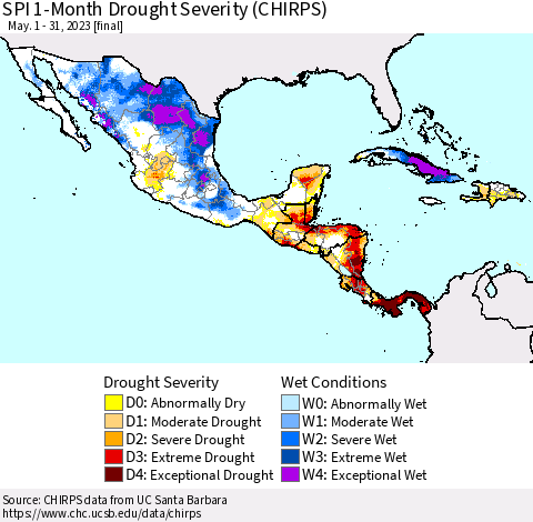 Mexico Central America and the Caribbean SPI 1-Month Drought Severity (CHIRPS) Thematic Map For 5/1/2023 - 5/31/2023