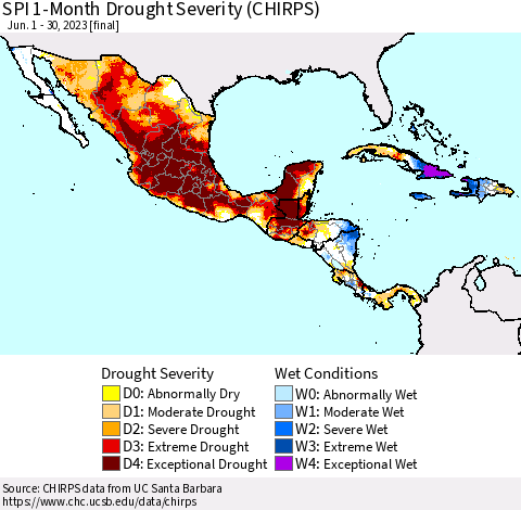 Mexico Central America and the Caribbean SPI 1-Month Drought Severity (CHIRPS) Thematic Map For 6/1/2023 - 6/30/2023
