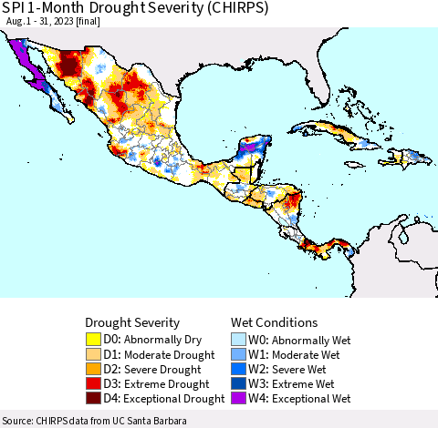 Mexico Central America and the Caribbean SPI 1-Month Drought Severity (CHIRPS) Thematic Map For 8/1/2023 - 8/31/2023