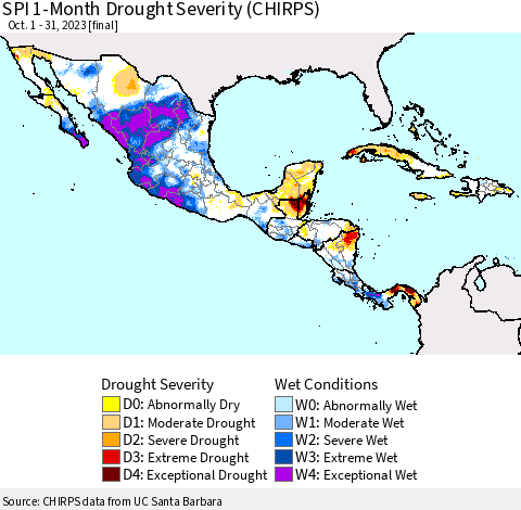 Mexico Central America and the Caribbean SPI 1-Month Drought Severity (CHIRPS) Thematic Map For 10/1/2023 - 10/31/2023