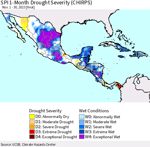 Mexico Central America and the Caribbean SPI 1-Month Drought Severity (CHIRPS) Thematic Map For 11/1/2023 - 11/30/2023
