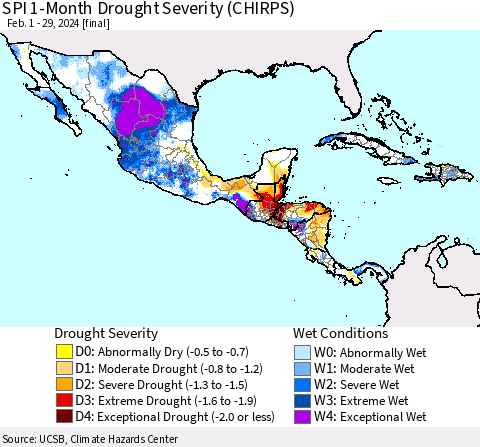 Mexico Central America and the Caribbean SPI 1-Month Drought Severity (CHIRPS) Thematic Map For 2/1/2024 - 2/29/2024