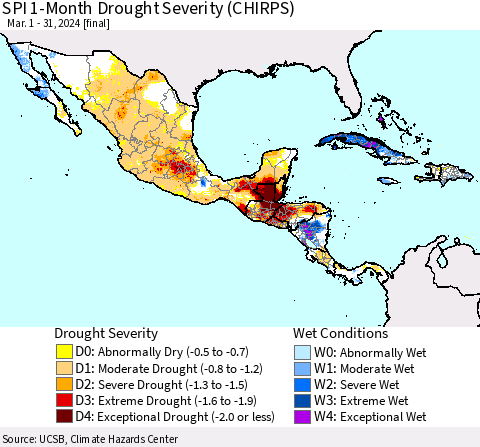 Mexico Central America and the Caribbean SPI 1-Month Drought Severity (CHIRPS) Thematic Map For 3/1/2024 - 3/31/2024