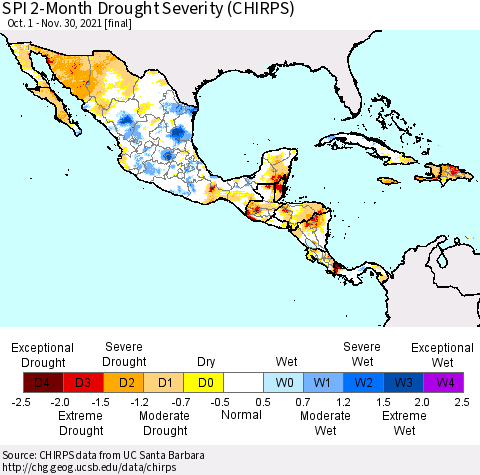 Mexico Central America and the Caribbean SPI 2-Month Drought Severity (CHIRPS) Thematic Map For 10/1/2021 - 11/30/2021