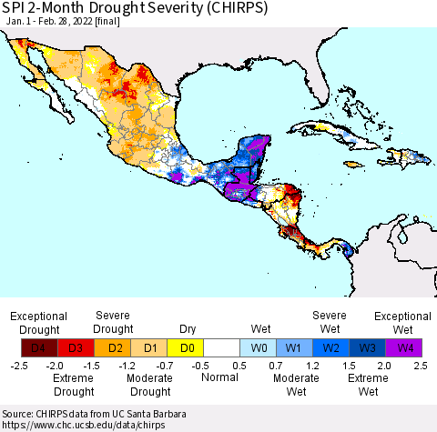 Mexico Central America and the Caribbean SPI 2-Month Drought Severity (CHIRPS) Thematic Map For 1/1/2022 - 2/28/2022
